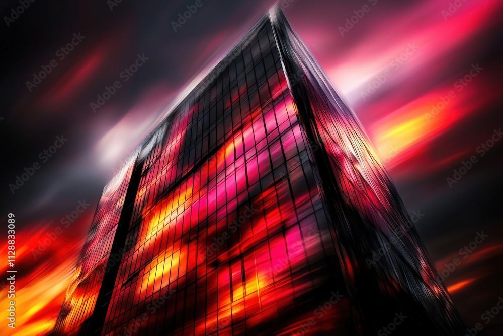 A striking skyscraper stands tall against a dramatic sky filled with vibrant hues of red and orange. The buildings reflective glass captures the colorful twilight, creating a stunning visual effect.