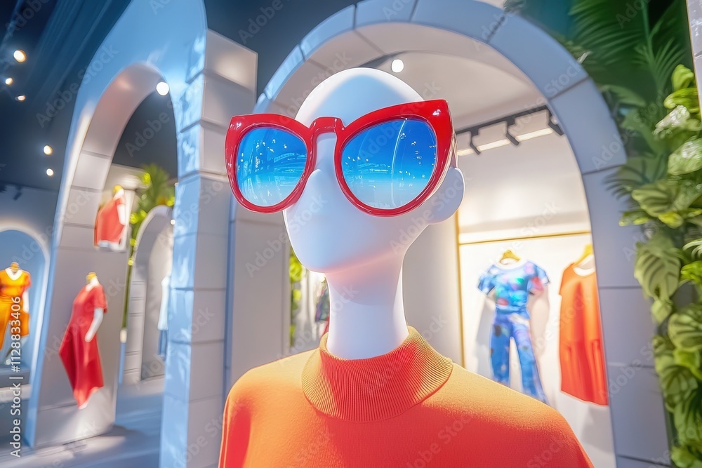 A fashion boutique showcases a colorful display with a mannequin wearing striking red sunglasses. The contemporary interior boasts vivid clothing pieces in bright hues, ideal for summer looks.