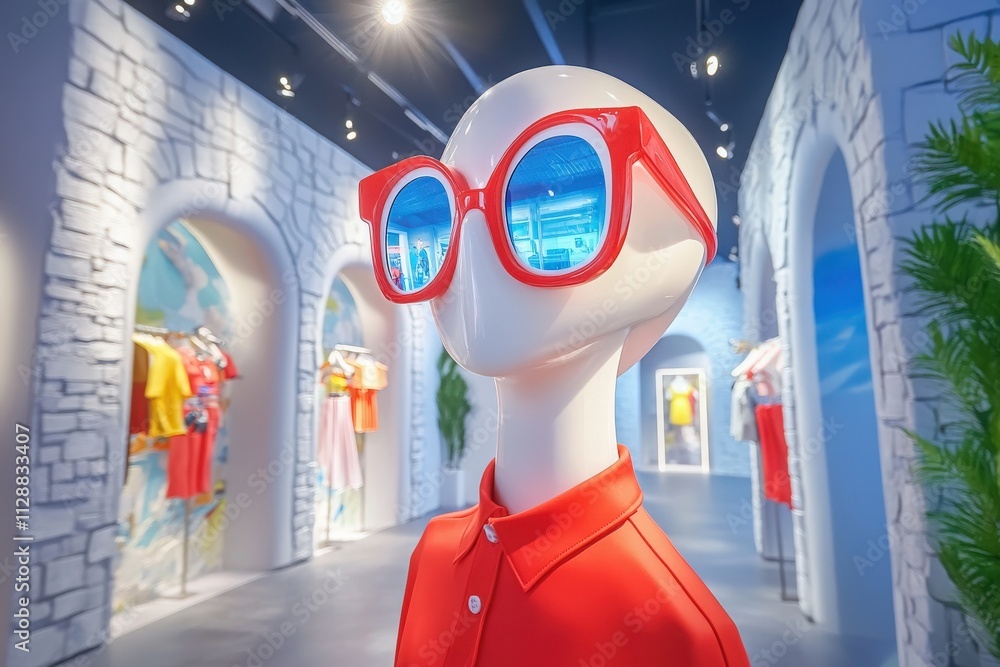 A mannequin wearing vibrant red sunglasses and a matching shirt stands in a stylish retail space with a coastal theme.