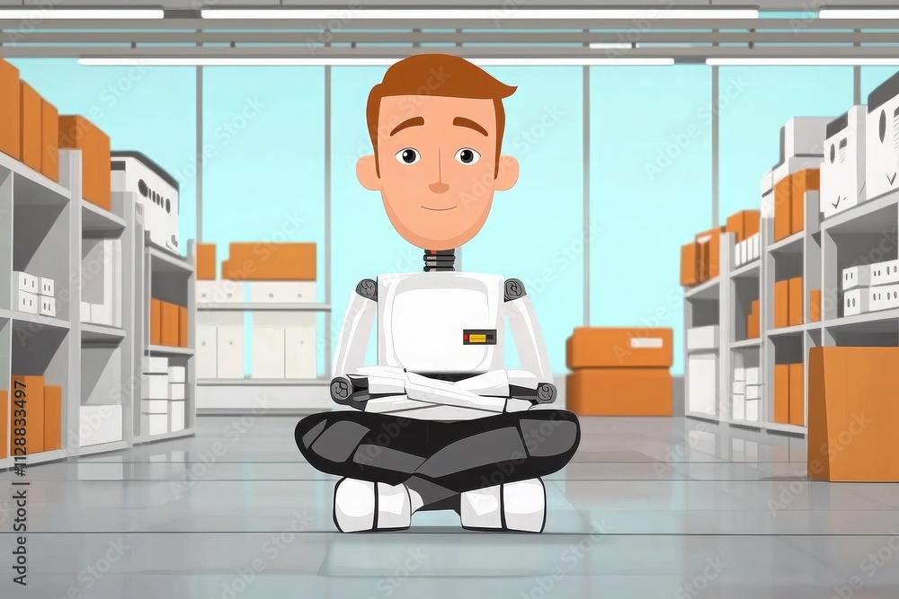 A friendly robot character is sitting cross-legged on the floor of a sleek warehouse surrounded by shelves filled with boxes.