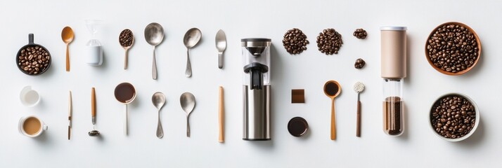 Poster - Beautifully arranged coffee beans, cups, and utensils create an inviting coffee setup perfect for enthusiasts looking to brew. Generative AI