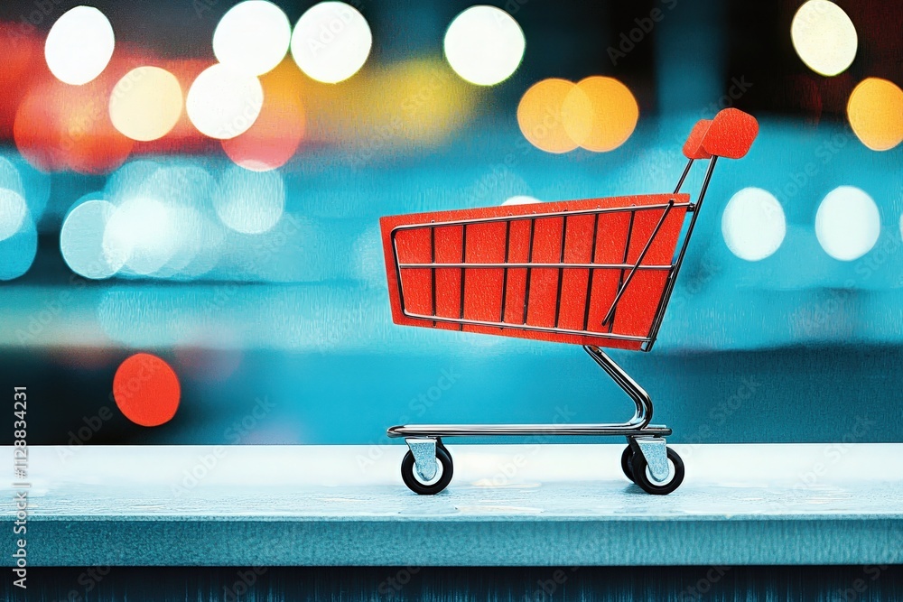 A small red shopping cart is placed on a white surface with colorful lights in the background, creating a vibrant and lively atmosphere. This captures the essence of urban shopping experiences.