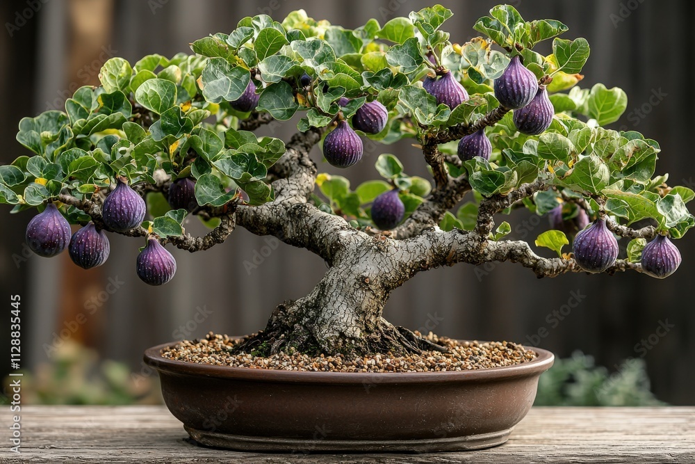 A well-crafted fig tree bonsai showcases vibrant purple figs ready for harvest, placed in a shallow pot.