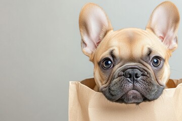 Wall Mural - A cute French Bulldog peeking out from a paper bag, showcasing its expressive eyes and large ears against a neutral background.