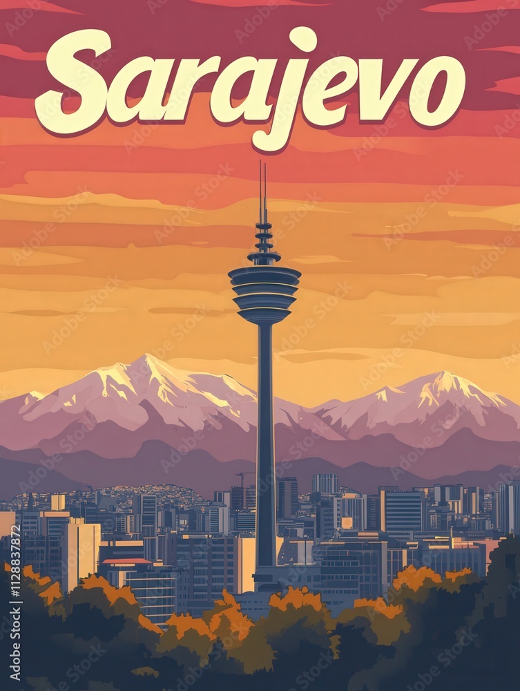 A striking sunset lights up the sky over Sarajevo, showcasing the citys skyline and the prominent telecommunications tower. Snow-capped mountains provide a stunning backdrop, enhancing the scene.