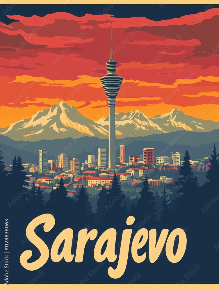 A vibrant sunset over Sarajevo showcases a skyline with modern buildings and a communication tower amidst majestic mountains. Vibrant colors create a breathtaking atmosphere.