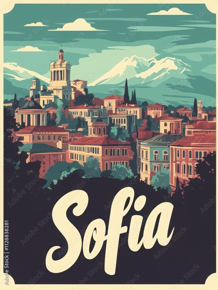 Expansive cityscape of Sofia showcases historic architecture and lush greenery beneath a clear blue sky. Majestic mountains rise in the background, enhancing the vibrant urban scene.