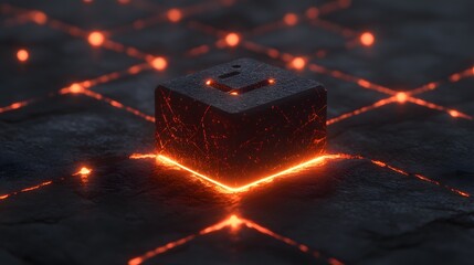 Wall Mural - glowing cube on dark grid.