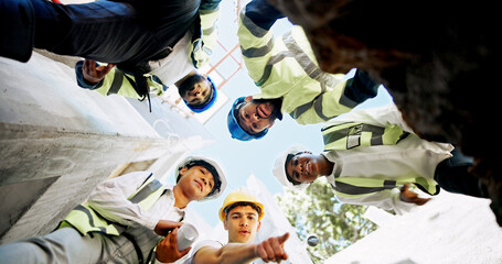 Poster - Architect, people and construction worker in circle, discussion and review low angle for building. Men, woman and group with engineer for problem solving, solution and diversity for property project