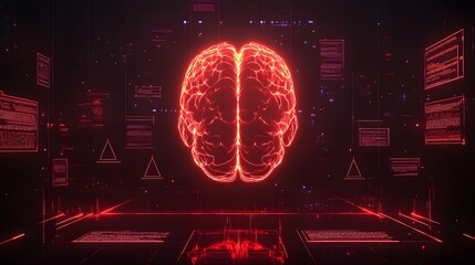 Wall Mural - glowing red brain in digital space.