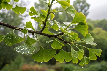 Wall Mural - Close-up of Fresh Ginkgo Biloba Leaves Glimmering After Rain, Showcasing Bright Green Colors Against Blurred Foliage Background for Nature Wallpaper and Text Space