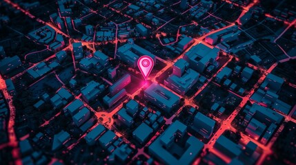 Wall Mural - Abstract cityscape image in pink and blue depicts GPS navigation concept with intricate streets and buildings, creating a futuristic ambiance.