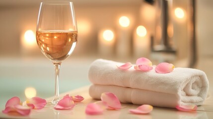 Poster - A cozy relaxation setting with a glass of wine beside a neatly rolled towel.