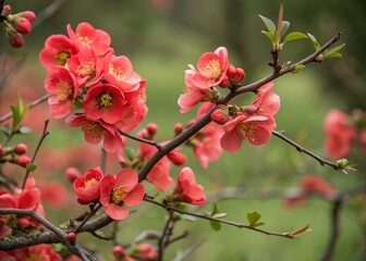 Wall Mural - Close-Up of Vibrant Red Japanese Quince Blooms Against a Soft Green Background in Low Light, Capturing the Essence of Spring's Beauty and Nature's Delicate Details