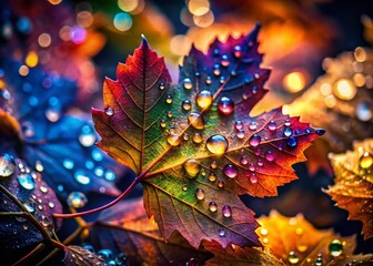 Wall Mural - Close-Up Silhouette of Colorful Leaves with Raindrops Glimmering in the Light, Capturing Nature's Beauty and the Serenity of a Rainy Day in Stunning Detail