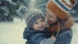 © 99 RIC - Mother and baby laughing together in a snowy winter scene