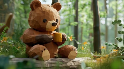 a low-poly bear enjoying honey in a serene forest setting.