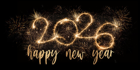 happy new year, new year's eve, silvester, new year, celebration greeting card, new year card - Year 2026 in sparkler font and firework fireworks pyrotechnic, isolated on black night sky background