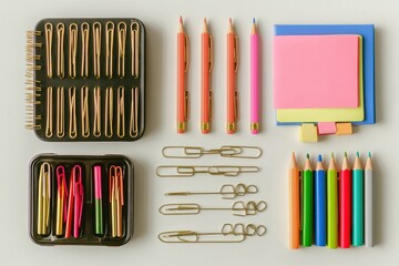 Poster - Various office supplies are neatly arranged, showcasing colorful pens, pencils, paper clips, sticky notes, and a notebook on a neutral background. Generative AI