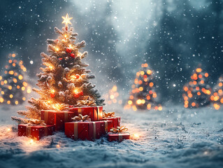 Wall Mural - a festive Christmas scene with a small Christmas tree adorned with lights and ornaments, red presents wrapped with gold ribbons, and snow on the ground, all set against a backdrop of warm, glowing lig