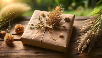 Beautifully wrapped gift using brown craft paper and twine, adorned with dried flowers