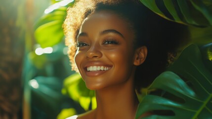 Fototapete - A joyful woman smiles brightly in a lush, green setting surrounded by large tropical leaves, enjoying the peacefulness of a home spa. Sunlight filters through, enhancing her radiant glow.
