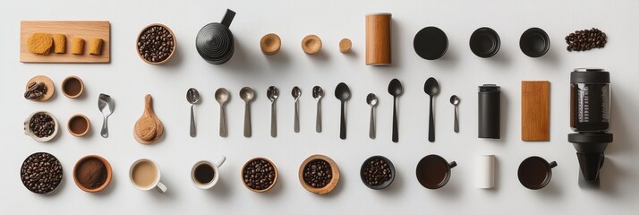 Leinwandbilder - A curated flat lay displays coffee beans, various cups, and spoons alongside a coffee maker, inviting warmth and creativity. Generative AI