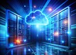 © Four888 - Conceptual Cloud Computing Technology Visual on a Blue Background with Digital Elements and Abstract Patterns Representing Data Exchange and Virtual Solutions for Modern Businesses