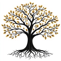 Golden autumn tree illustration with detailed roots and leaves.