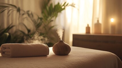 Poster - In a serene spa environment, a beautifully designed aromatherapy diffuser releases steam from essential oils. Soft lighting and natural elements enhance relaxation during treatments.