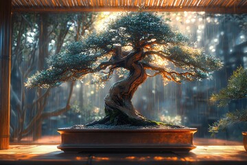 Bonsai masterpiece with gnarled trunk in millennial gray enchanting garden setting high fidelity art natural serenity