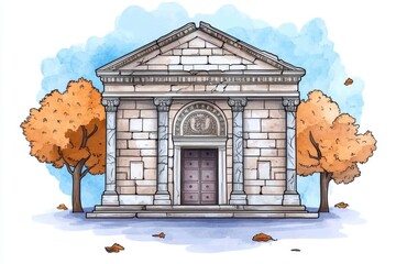 Aufkleber - A simple line art illustration of the Library of Celsus facade in white, set against a pastel background