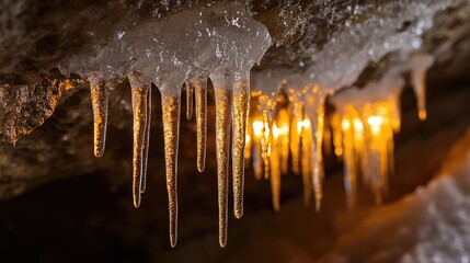 A close-up of frost-covered cave walls, with ice deposits hanging down and creating glowing stalactites in the dark interior