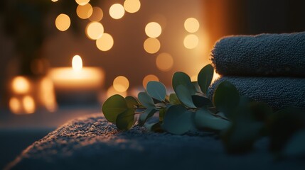 Poster - A warm and inviting space features neatly folded towels beside a glowing candle, creating a soothing atmosphere perfect for aromatherapy. Greenery adds a natural touch to the calming scene.