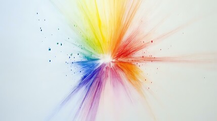 Rainbow-colored light beams bursting outward from a central point on a white background