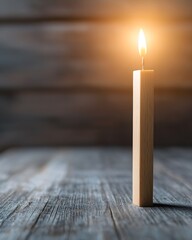 Wall Mural - Minimalist wooden candle glowing softly on rustic table