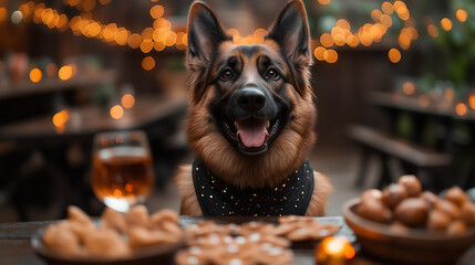 German Shepherd in stylish party vest sits happily at festive table filled with snacks and drinks, surrounded by warm, twinkling lights