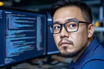 a detailed shot of a software engineer coding on a laptop, with a dual-monitor setup displaying comp
