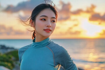 A hyperrealistic photo of an Asian woman with short straight hair jogging along Cancun’s sunset shoreline, dressed in premium sportswear, vibrant colors 2