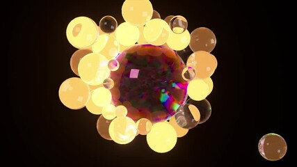 Wall Mural - transparent bubbles are moving towards a bigger iridescent sphere on a black background. they progre