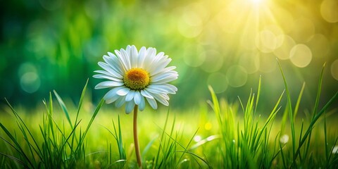 Wall Mural - Detailed Close-Up of a Single Daisy Surrounded by Lush Green Grass with Expansive Copy Space, Complemented by a Nature Double Exposure Silhouette in the Background