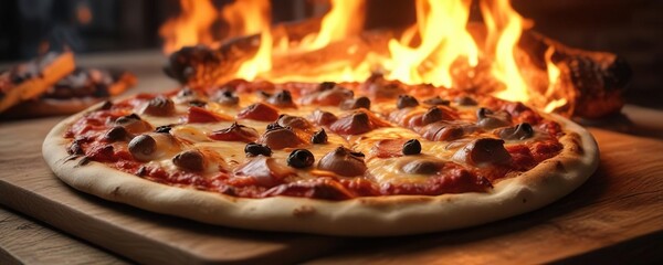 Wall Mural - A pizza on a wooden baking sheet placed near the warm glow of a burning fire, wood, kitchen