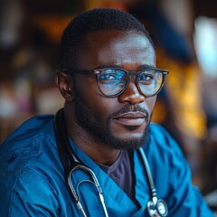 Wall Mural - Confident healthcare professional with stethoscope wearing blue scrubs and glasses