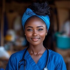 Wall Mural - Smiling healthcare professional with stethoscope wearing blue scrubs and headwrap