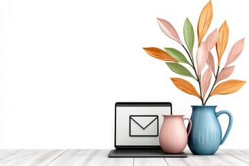 A flat 2D design of a laptop screen displaying an open email draft, with colorful, exaggerated buttons and icons