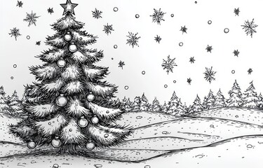 A continuous line drawing of a Christmas tree adorned with a star, garland, and decorations, sketched with a pencil on a white backdrop in a contemporary linear fashion.