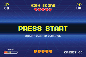 Wall Mural - press start. insert coin to continue. pixel art 8-bit game retro game. retro futurism sci-fi backgro