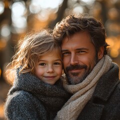 Sticker - Father and son share a warm embrace in autumn park setting