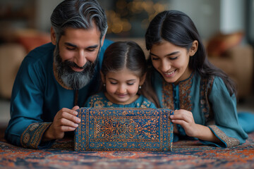 A family of three, a man, a woman and a child, are laying on a rug