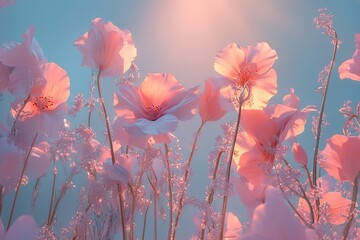 Wall Mural - A field of pink flowers with a blue sky in the background